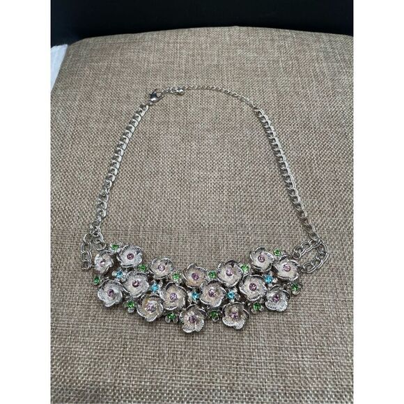 Retro Chunky Rainbow Glass diamanté choker necklace Floral Spring Summer - Picture 3 of 7